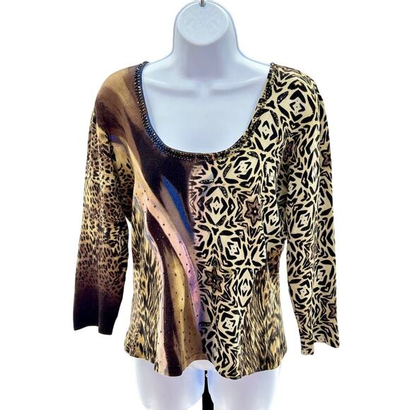 Alberto Makali Pull On Animal Print Stretch L Knit Sweater Statement Art to Wear - Picture 1 of 8